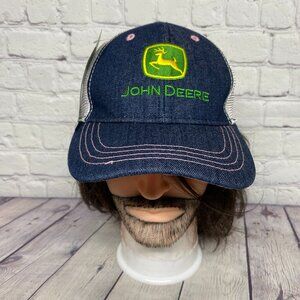 John Deere Blue Denim Hat Mesh Pink Strap Back Women One Size Fits All New Tag